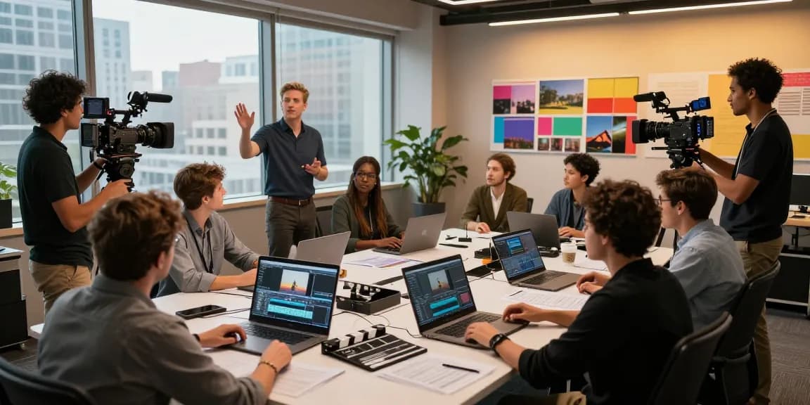 Team engaging in Corporate Video Production in a modern studio, showcasing creativity and collaboration.