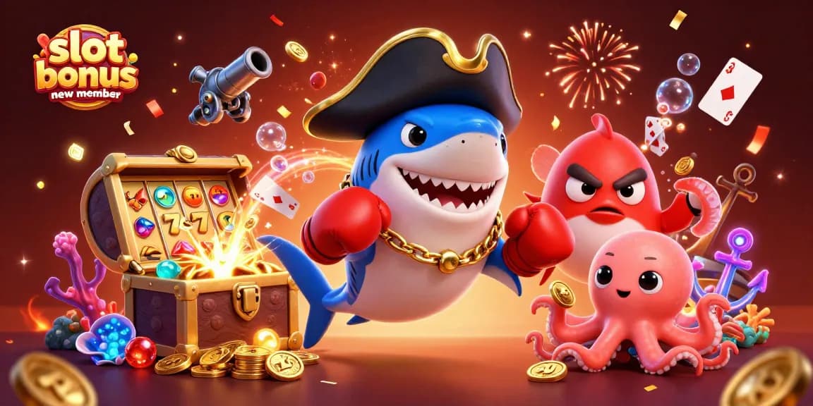 Join the action with the slot bonus new member illustration, featuring a pirate shark and friends.