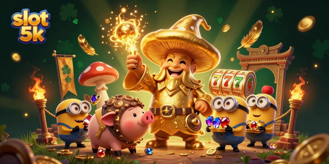Experience exciting gameplay with slot 5k featuring a golden wizard and treasure-seeking pig.