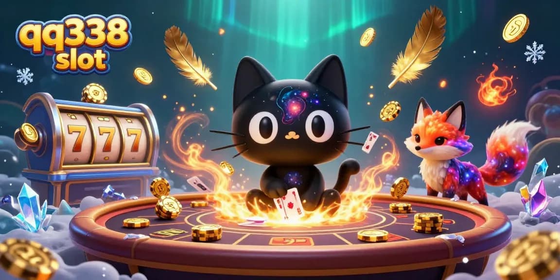 Experience thrilling qq338 slot games with a dynamic cosmic casino scene featuring a black hole cat and nebula fox.