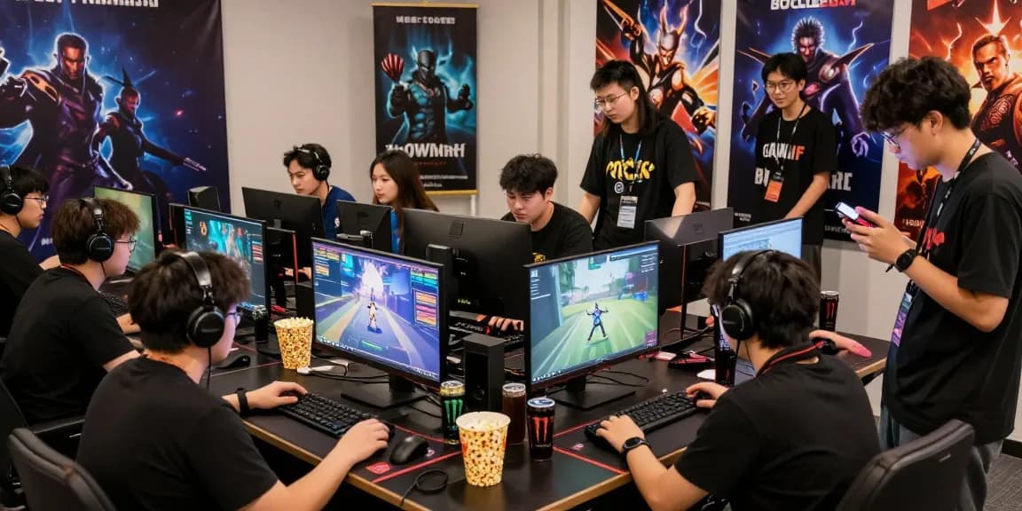 Dynamic gaming event scene showcasing community engagement at batmanloyal.com with gamers collaborating and competing over consoles.