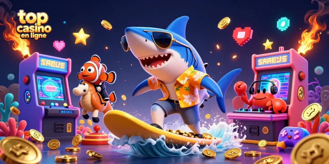 Admirez le top casino en ligne avec un requin surfeur et un crabe DJ, le tout sur une scène colorée