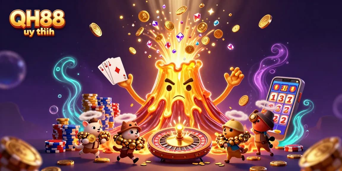 Experience big wins at QH88 uy tín with this vibrant 3D illustration of a casino-themed volcano, coins, and treasures.