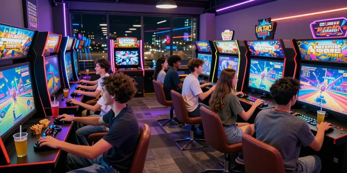 Friends enjoying indo cair games in a vibrant digital arcade with neon lights.