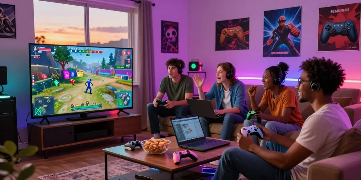 Group of friends enjoying raja 328 gaming session in cozy living room with vibrant atmosphere.