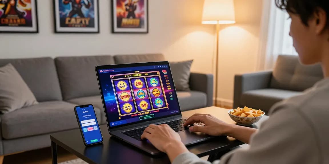 Engaging scene of user enjoying hero 138 online gaming experience at home with colorful slot graphics.
