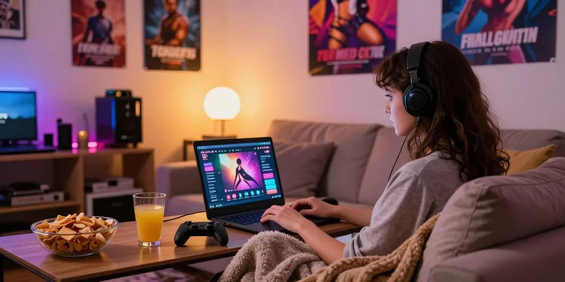 Woman enjoying porngames on her laptop in a cozy gaming space