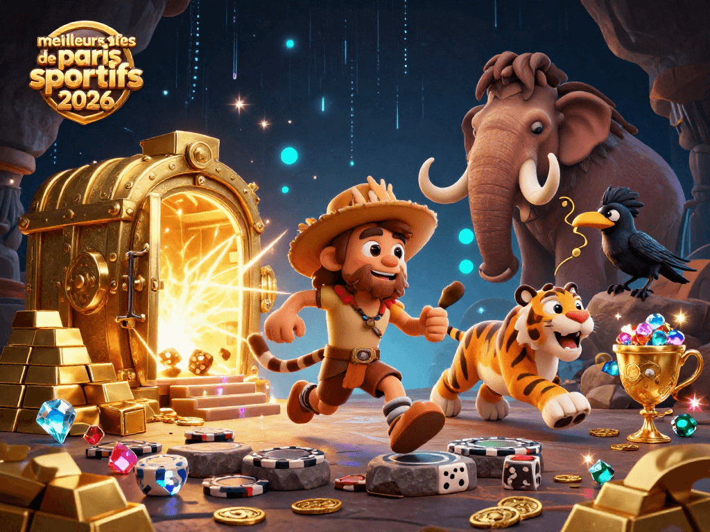 Découvrez les meilleurs sites de paris sportifs 2026 avec une illustration dynamique de personnages animés dans un casino préhistorique.