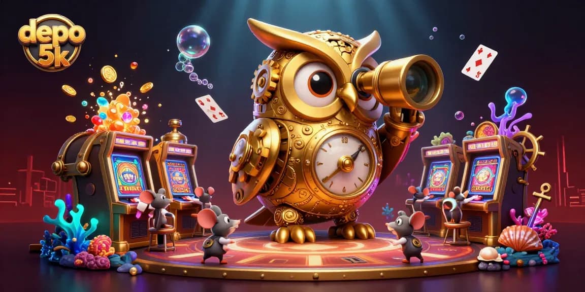 Experience the excitement with depo 5k as a massive clockwork owl surveys a vibrant casino scene.