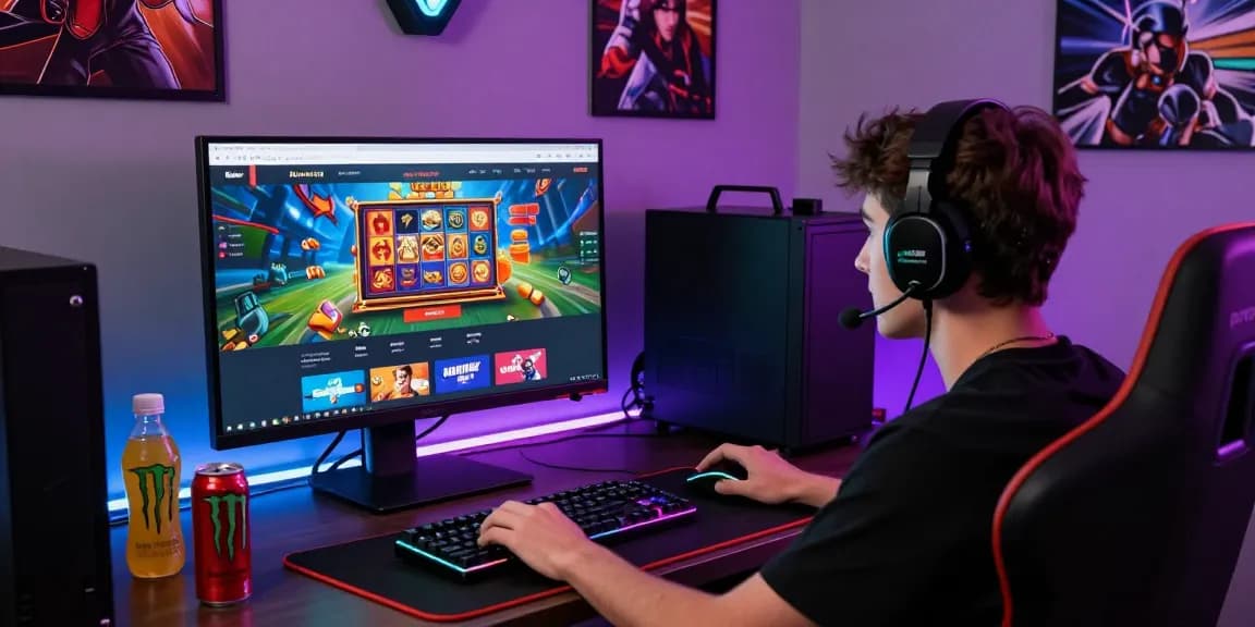 Akses rajareceh login di portal gaming modern, pengguna fokus di layar dengan grafik menarik dan perangkat gaming.