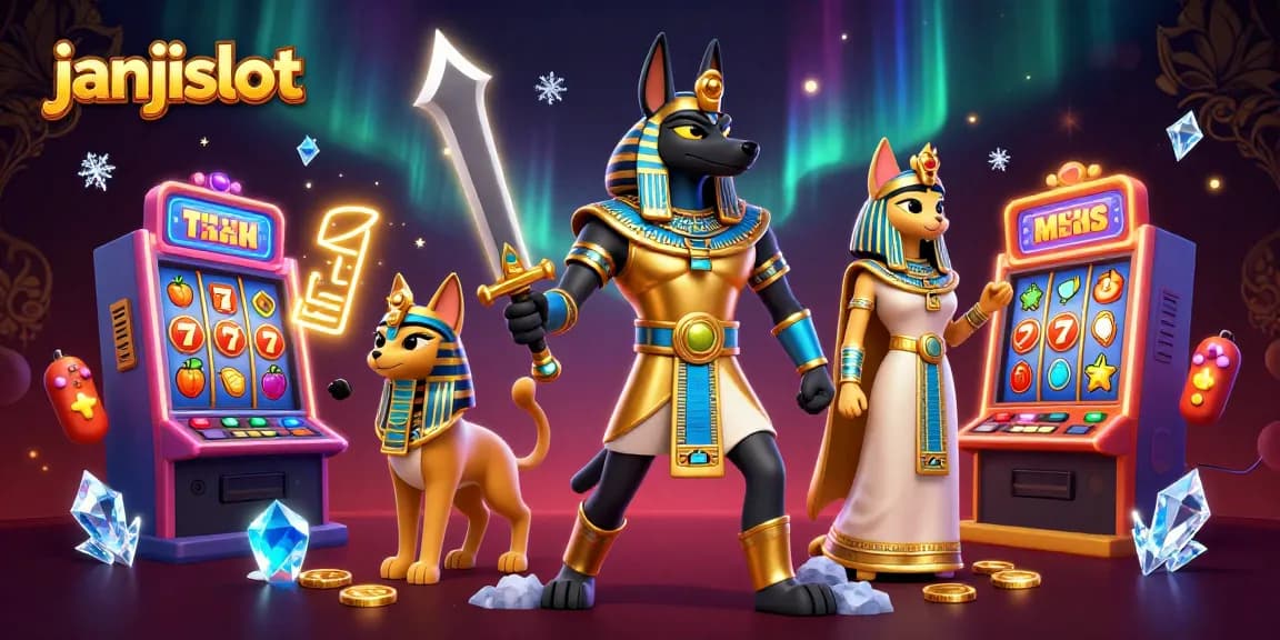Experience the excitement of janjislot with Anubis and Bastet amid colorful slot machines.