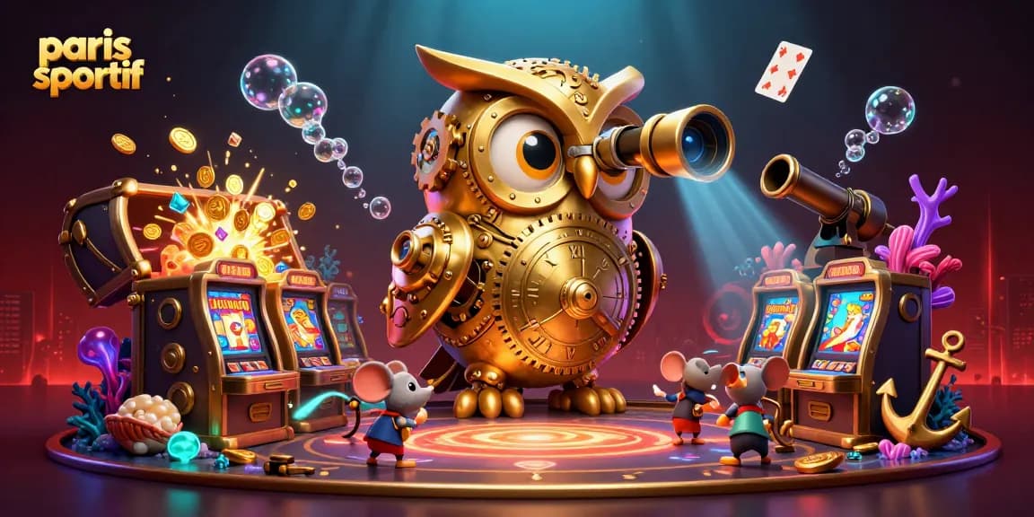 Visualisez une scène de paris sportif avec une chouette mécanique dorée et des souris jouant à des machines à sous
