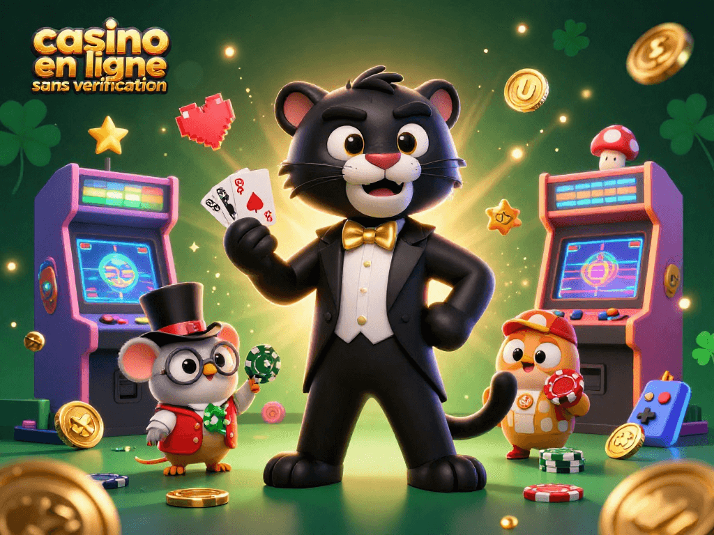 Jouer au casino en ligne sans vérification avec une illustration 3D colorée et dynamique d'une panthère élégante, hibou et souris porte-chance.