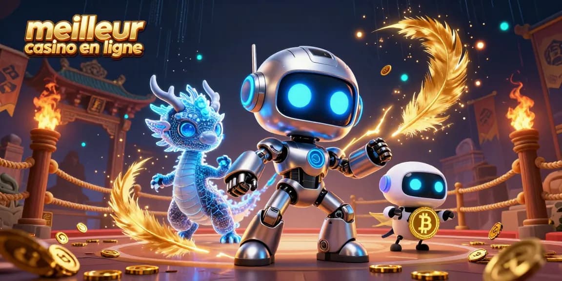 Un duel palpitant dans le meilleur casino en ligne, avec un robot, un dragon holographique et un drone en pleine action.