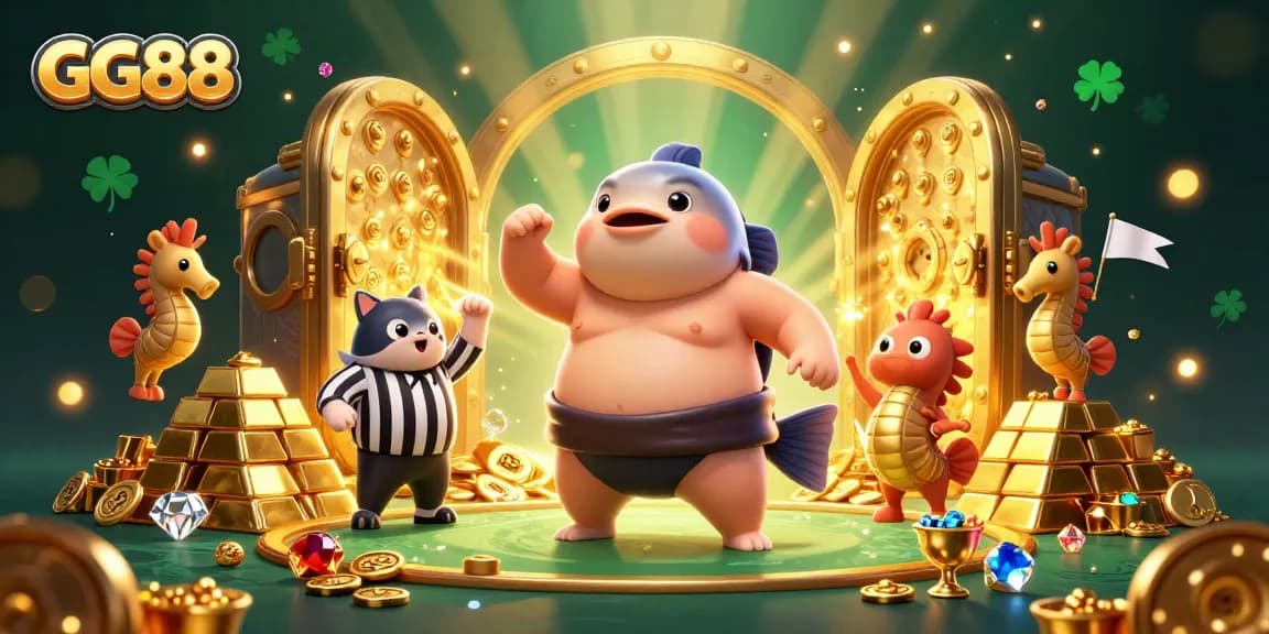 Experience the thrilling world of GG88's underwater casino with vibrant gold treasures and playful characters.