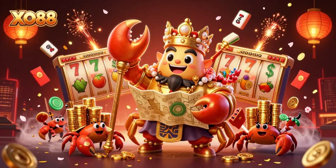Bet on XO88 as a golden crab emperor leads a vibrant casino adventure with exciting game elements.