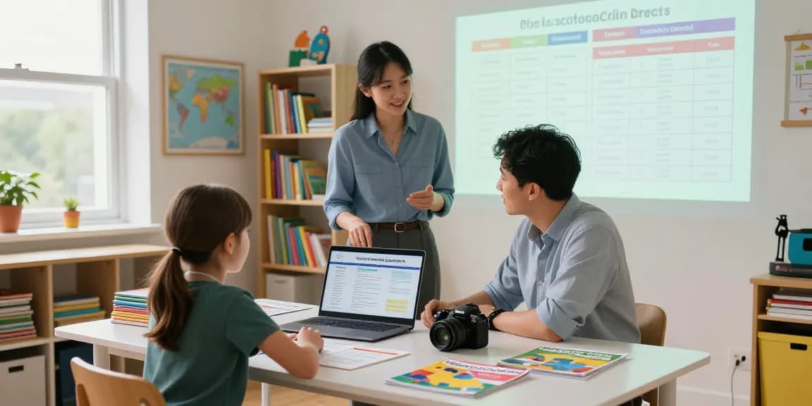 Parent and child exploring British schools options at a study table, showcasing educational materials and guidance.