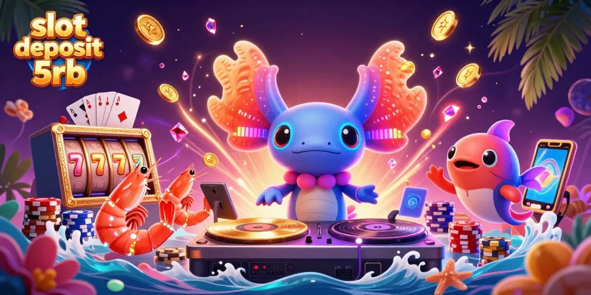 Engage with slot deposit 5rb magic as vibrant axolotl DJ and shrimp dancers embody the casino thrill.