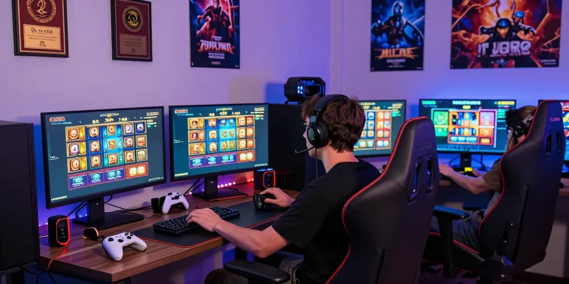 Engaging gaming environment featuring a gamer immersed in oppa86 slot games on multiple monitors, with vibrant colors and exciting setup.