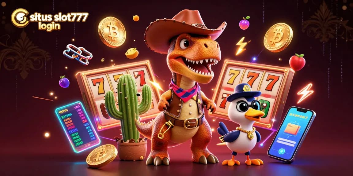 Engage with situs slot777 login at a vibrant casino scene featuring a cartoon T-Rex and exciting game elements.
