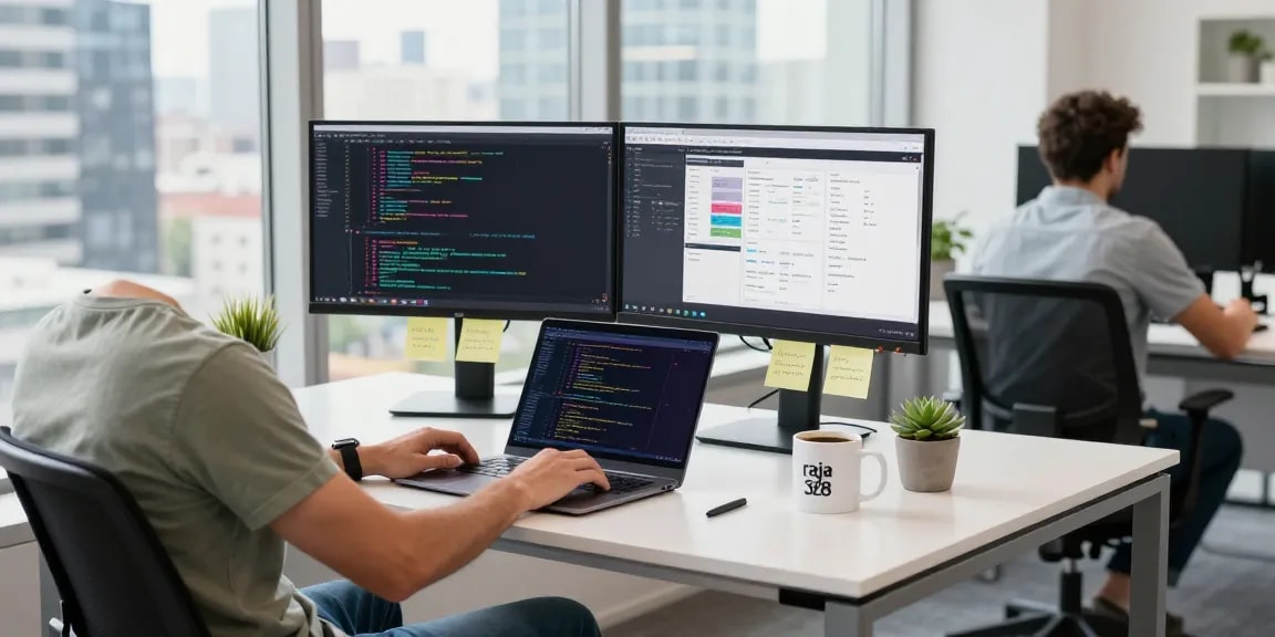 Developer coding at a modern desk showcasing raja 328 software project in a vibrant workspace.