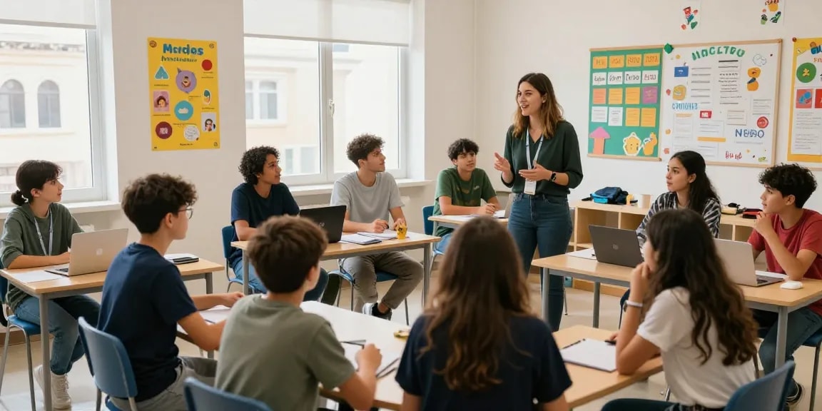 Cursos de inglés en Malta con estudiantes participando en lecciones interactivas en un aula vibrante.