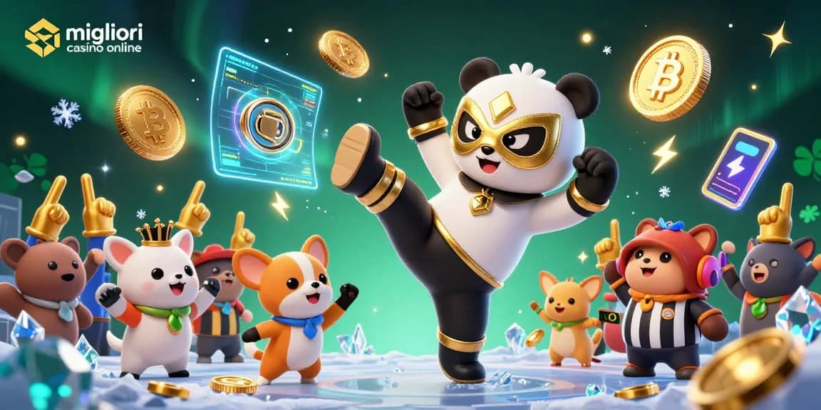 Scopri i migliori casino online con un personaggio panda in azione e simboli di criptovaluta nel festoso ambiente.