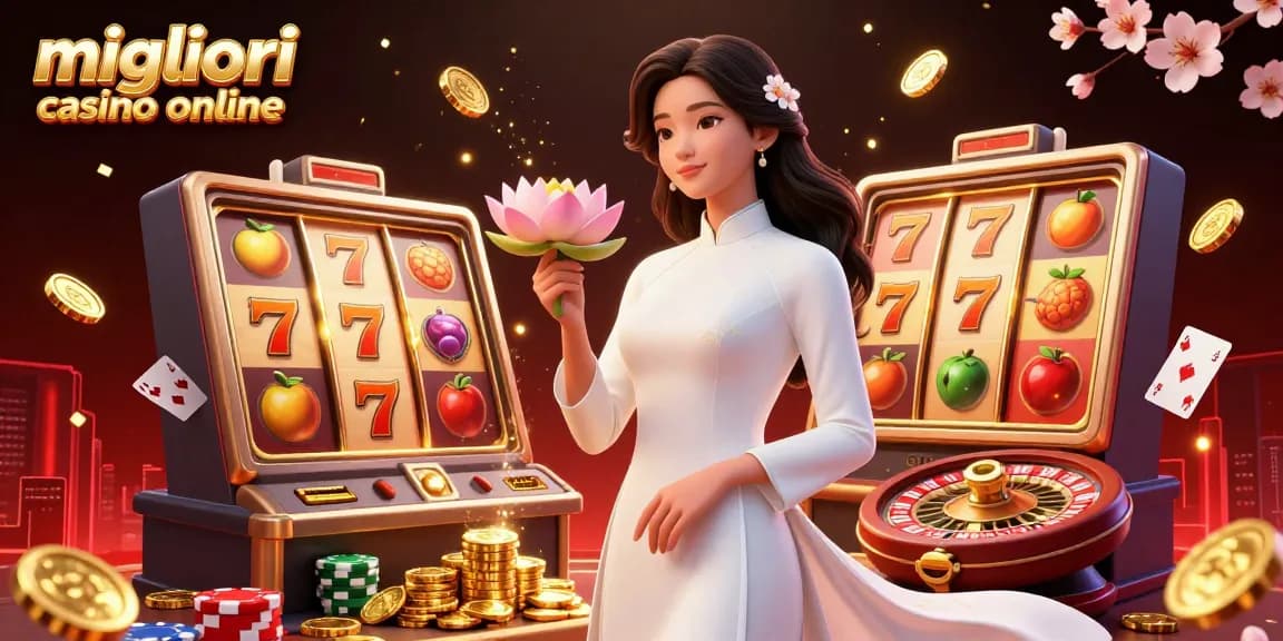 Unisciti all'azione nei migliori casino online con coinvolgenti rulli di slot e un'atmosfera serena che presenta una graziosa donna asiatica.
