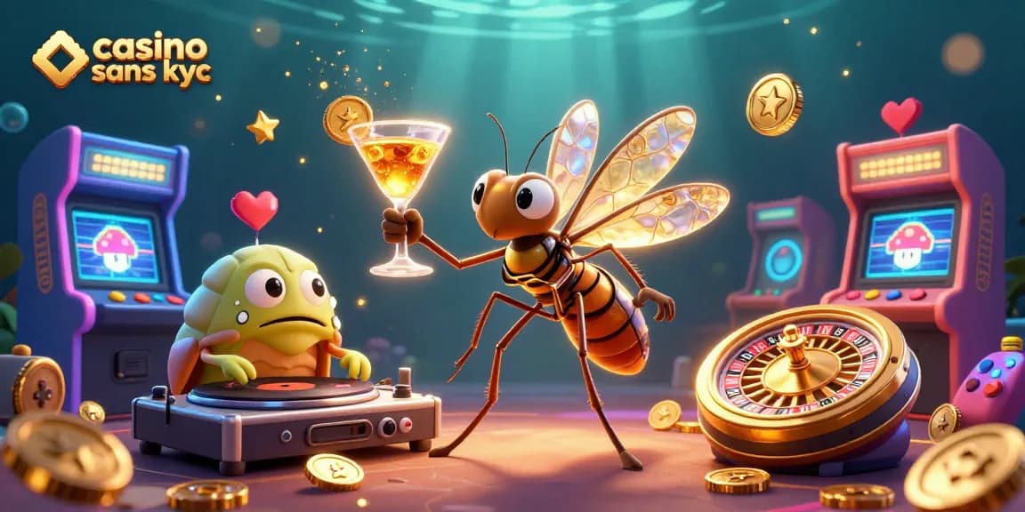 Jouez dans un casino sans KYC avec l'illustration dynamique d'un monde de jeux et de roulette.