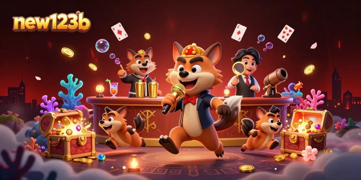Experience dynamic action at new123b's vibrant casino scene with unique hyenas offering comedy entertainment and drinks.