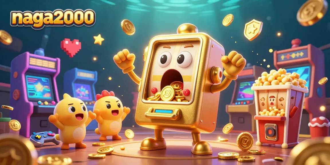 Mainkan naga2000 di mesin slot emas yang terkejut dengan hadiah jackpot, dikelilingi mesin lainnya.