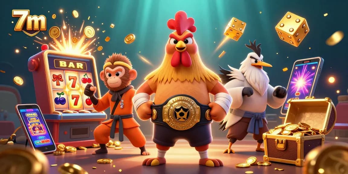 Experience 7m's exhilarating jackpot scene with cartoon characters and slot machine elements.