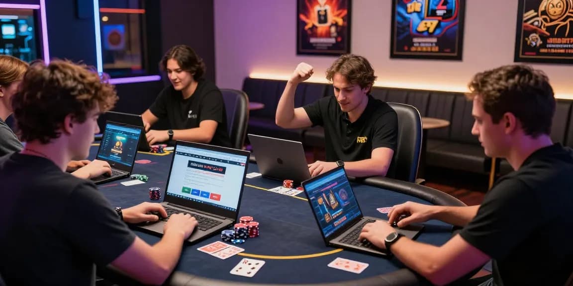 Enthusiastic players engaging with newbet4d, celebrating wins in a vibrant online gambling atmosphere.