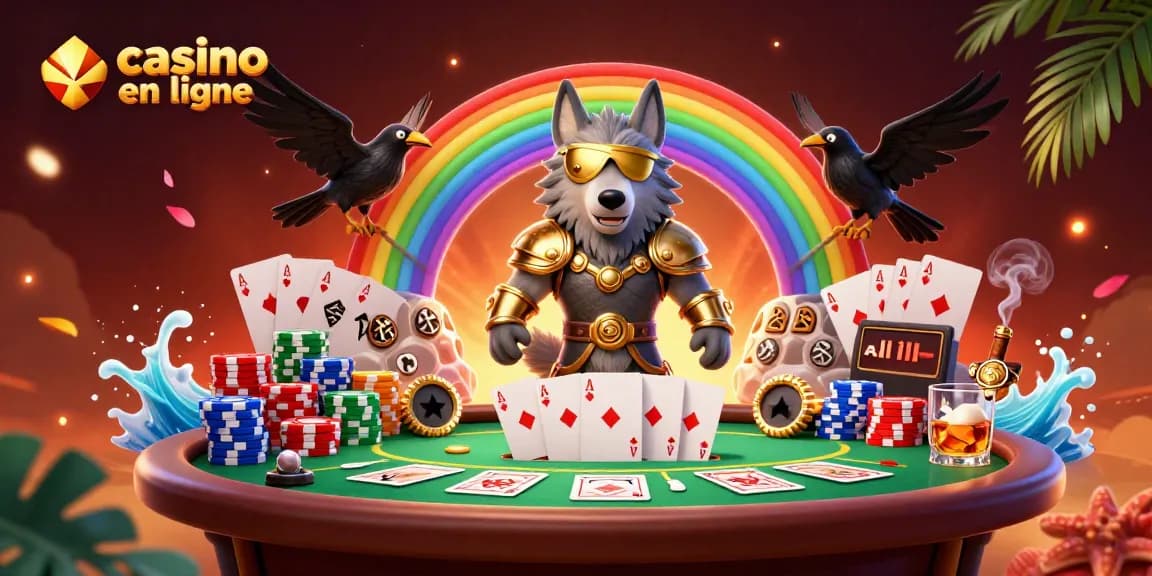 Participez à une action palpitante au casino en ligne avec Odin et ses corbeaux au milieu de jetons et de cartes vibrants.