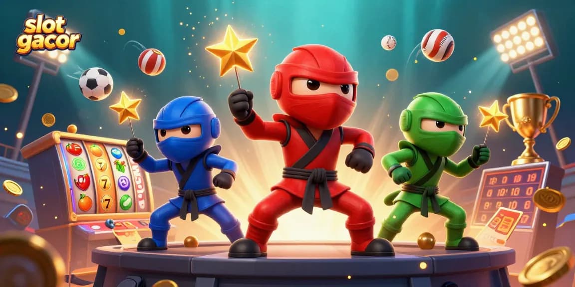 Experience thrill with slot gacor as 3D ninja chameleons perform amidst vivid casino elements.
