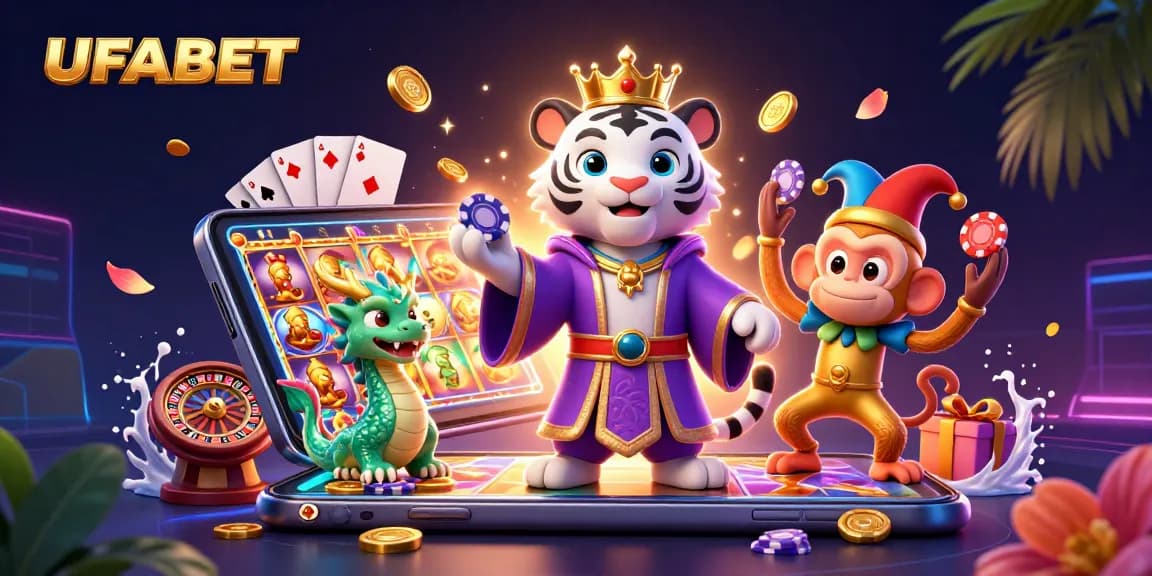 Experience the excitement of UFABET with a vibrant 3D scene featuring casino games and lively characters.