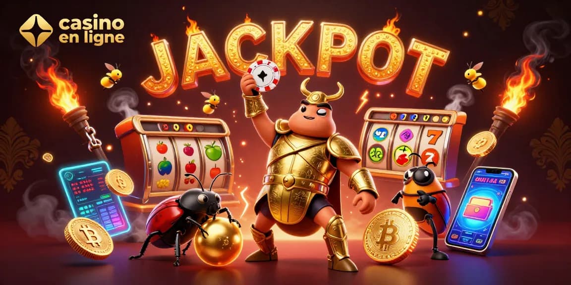 Les personnages de l'illustration "casino en ligne" célèbrent la victoire avec des éléments de jeu captivants.