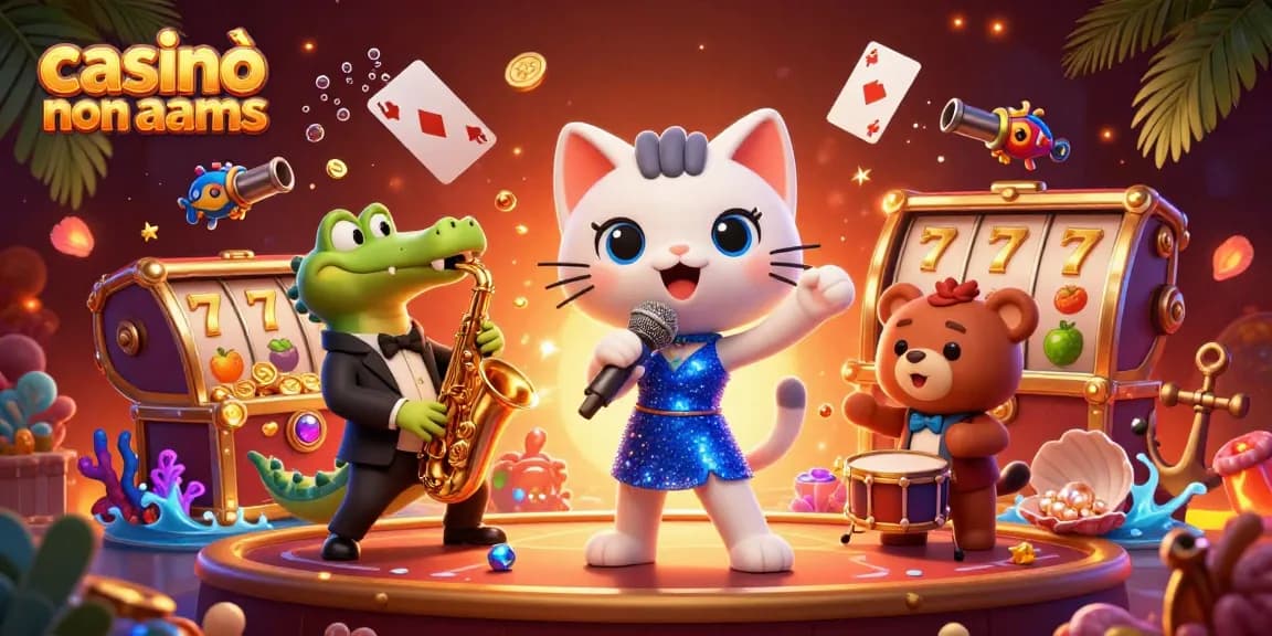 Illustrazione di casinò non aams che mostra una vivace scena di casino con personaggi dei cartoni animati e elementi di gioco dinamici.
