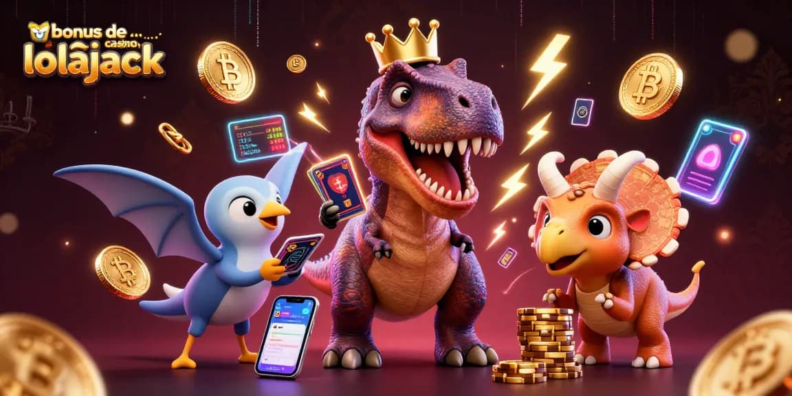Gagnez avec le bonus de casino lolajack, illustré par un T-Rex et un tricératops jouant aux cartes.