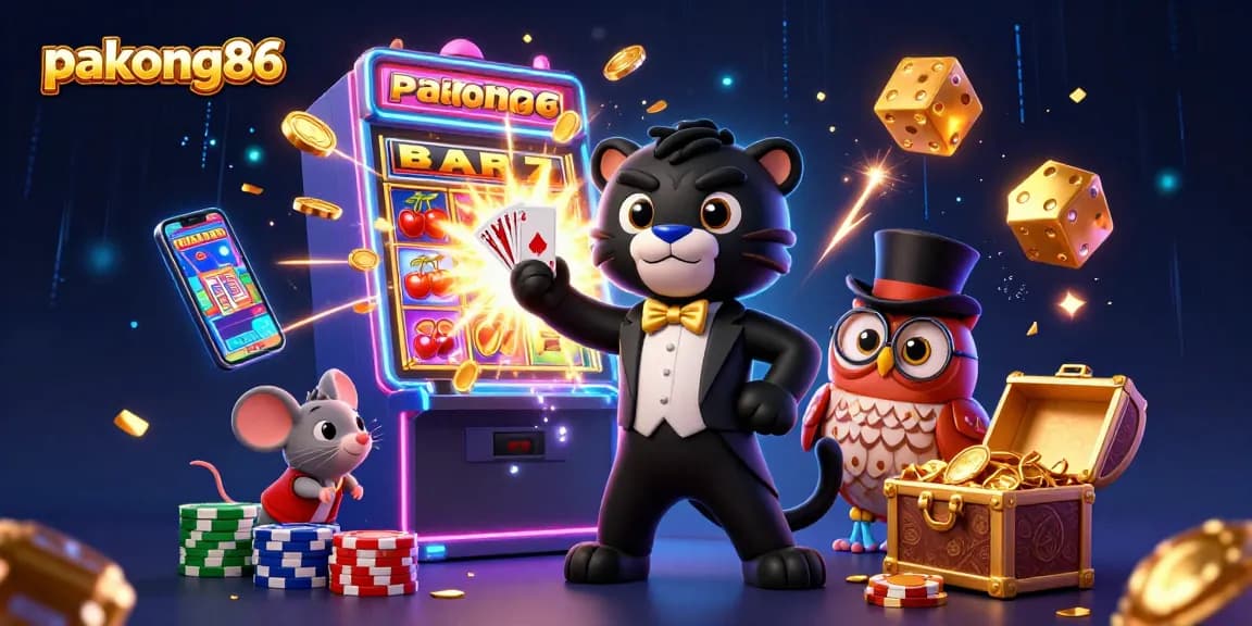 Experience pakong86's exciting casino scene with a panther dealer, charming owl, and lucky mouse!