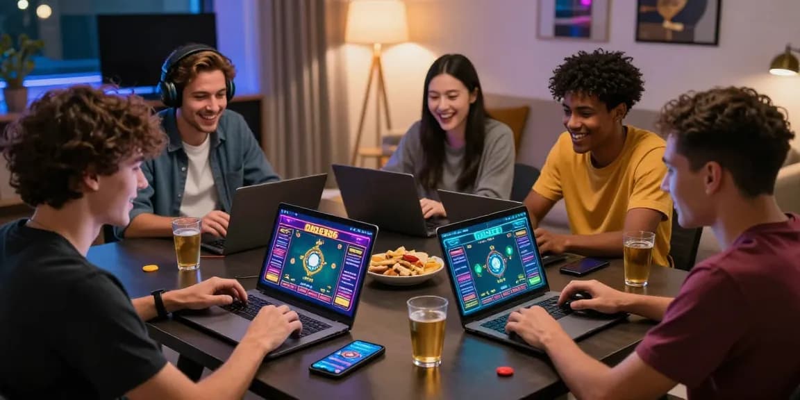 Friends engaging in online betting with ok8386.guide in a lively home setting, showcasing excitement and collaboration.