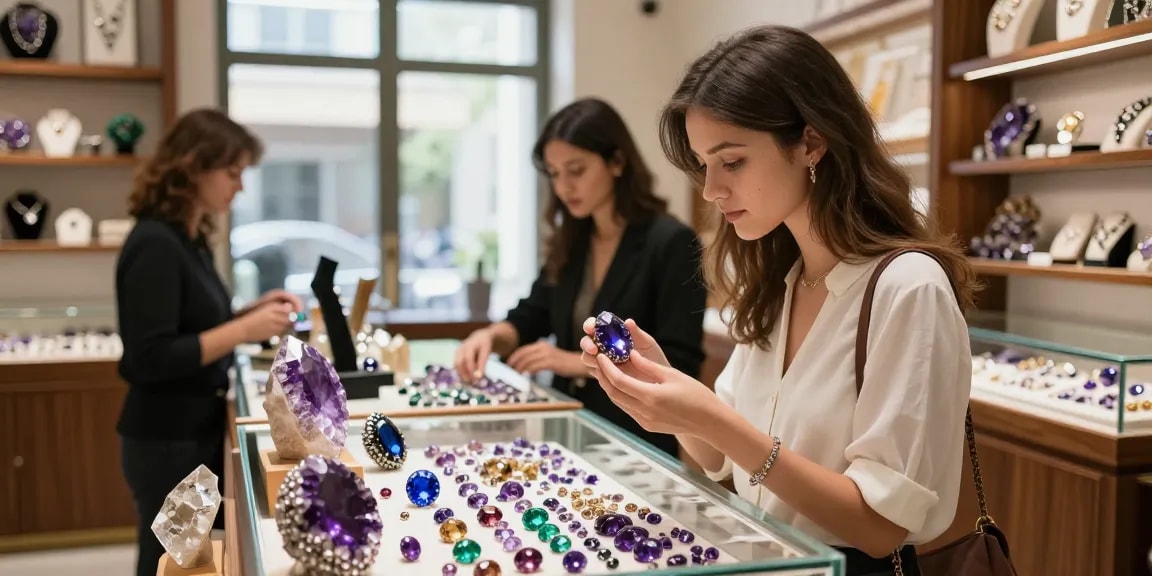 Explore beautiful gemstones like amethysts at https://www.mygemspot.com in a vibrant retail setting.