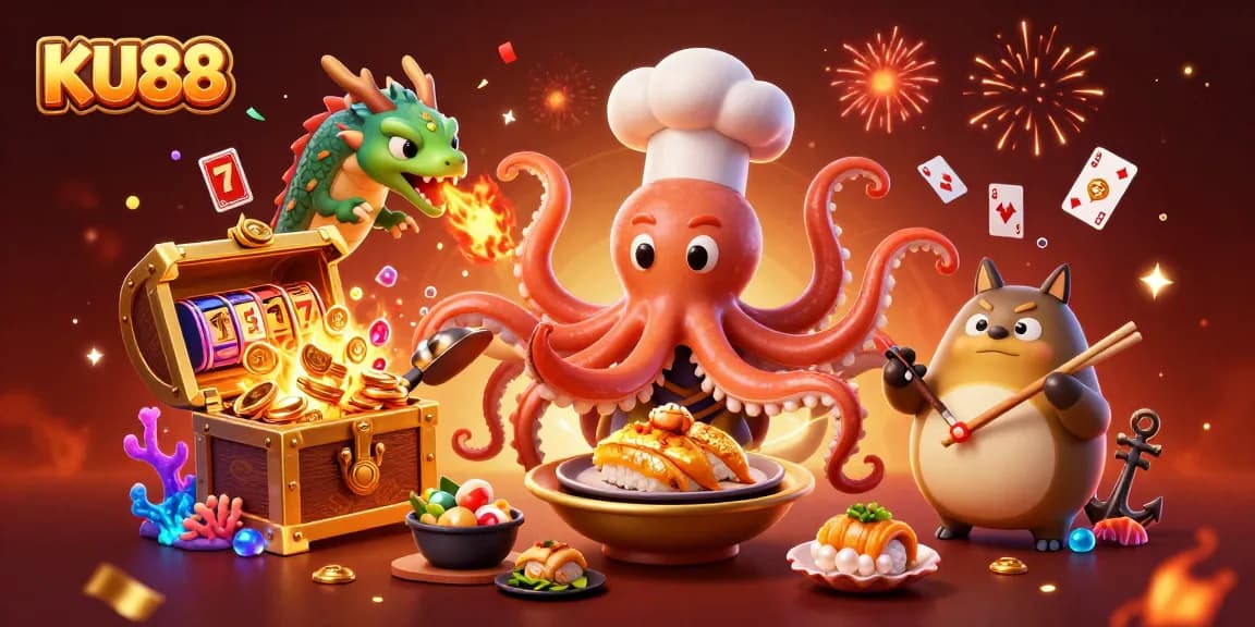 KU88 brings excitement with a vibrant scene of a cartoon octopus chef and dragon at the casino.