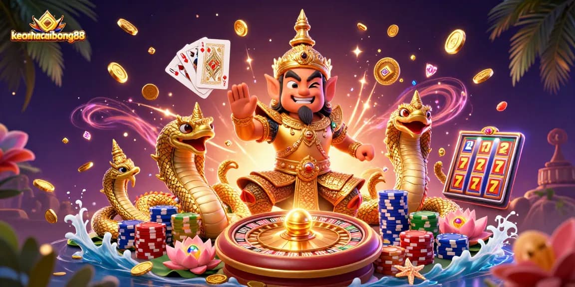 Engage with keonhacaibong88 through a vibrant 3D casino scene featuring exciting gaming elements.
