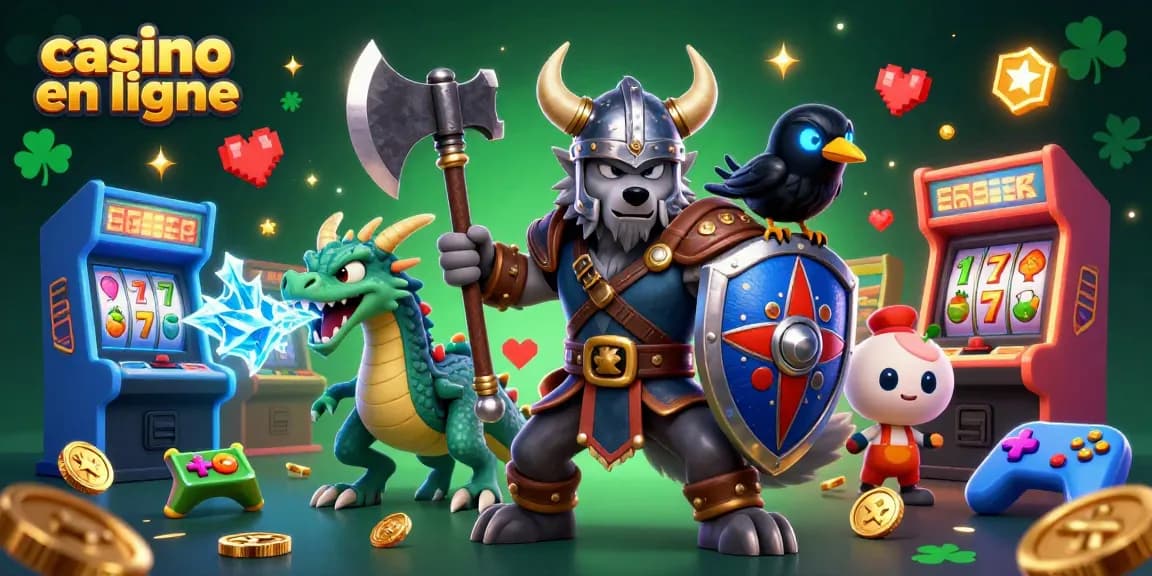 Vivez l'excitation des jeux de casino en ligne dans une scène 3D vibrante mettant en scène un guerrier viking, un dragon et des éléments de jeu dynamiques.