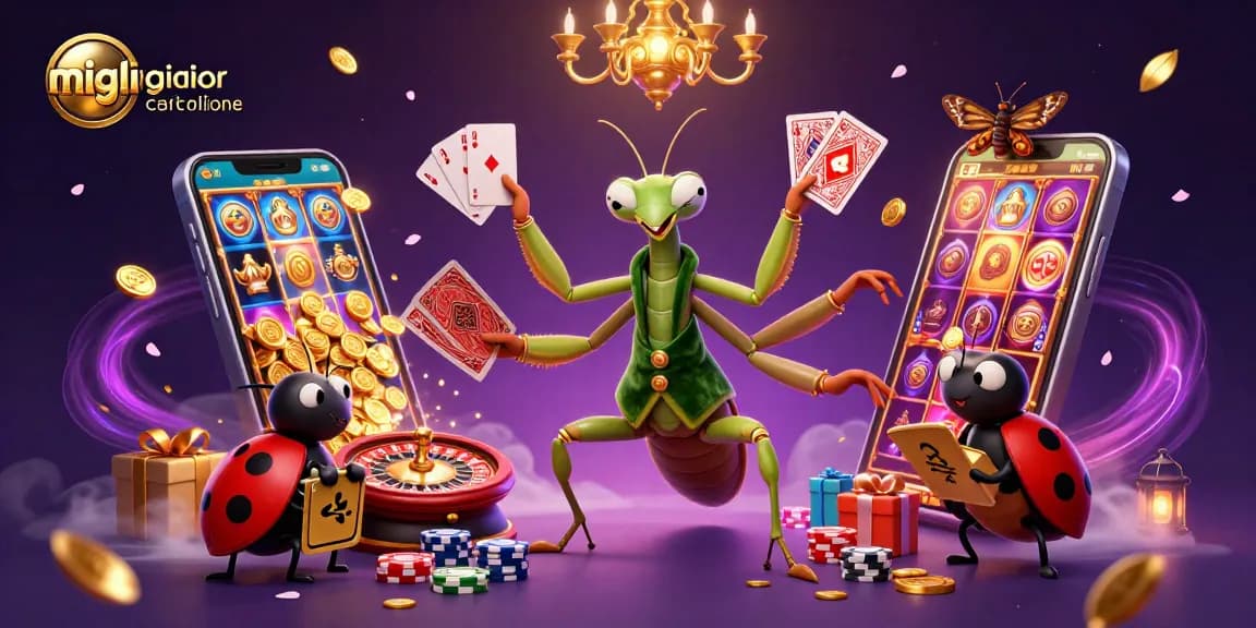 Migliori casino online: esibizione di un camaleonte dal verde velluto mentre distribuisce carte, con illuminazioni calde e foglie dorate.