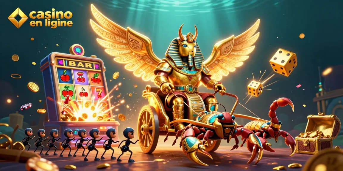 Plongez dans l'univers des jeux passionnants du casino en ligne avec un scarabée doré colossal et des scorpions précieux.