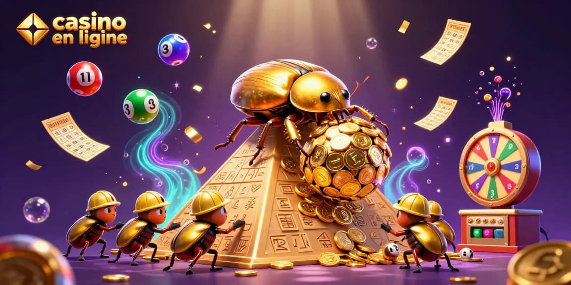 Jouez au casino en ligne avec des symboles de jeux et des pièces d'or dans une scène dynamique.