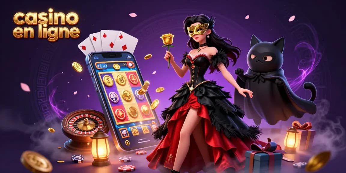 Participez à une expérience de jeu animée au casino en ligne, mettant en vedette une élégante dame et un chat fantaisiste au milieu d'éléments de jeu dynamiques.