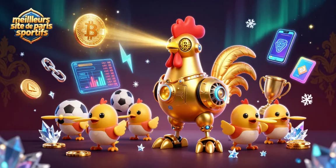 Illustration captivante des meilleurs sites de paris sportifs, avec un robot coq et des éléments de sport.